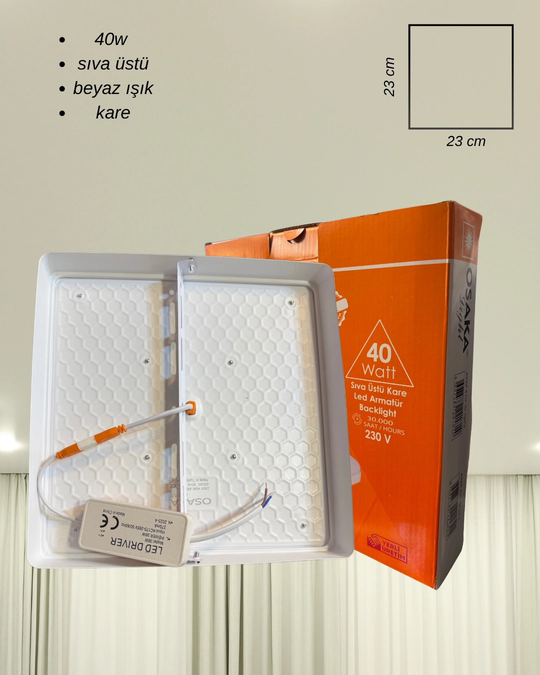 Osaka Sıva Üstü Kare Led Armatür 40 Watt Beyaz Işık 