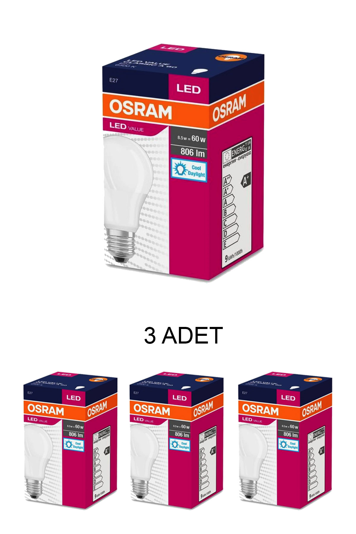 Osram 8.5W Led Value Ampul E27 Beyaz Işık - 3’lü Paket