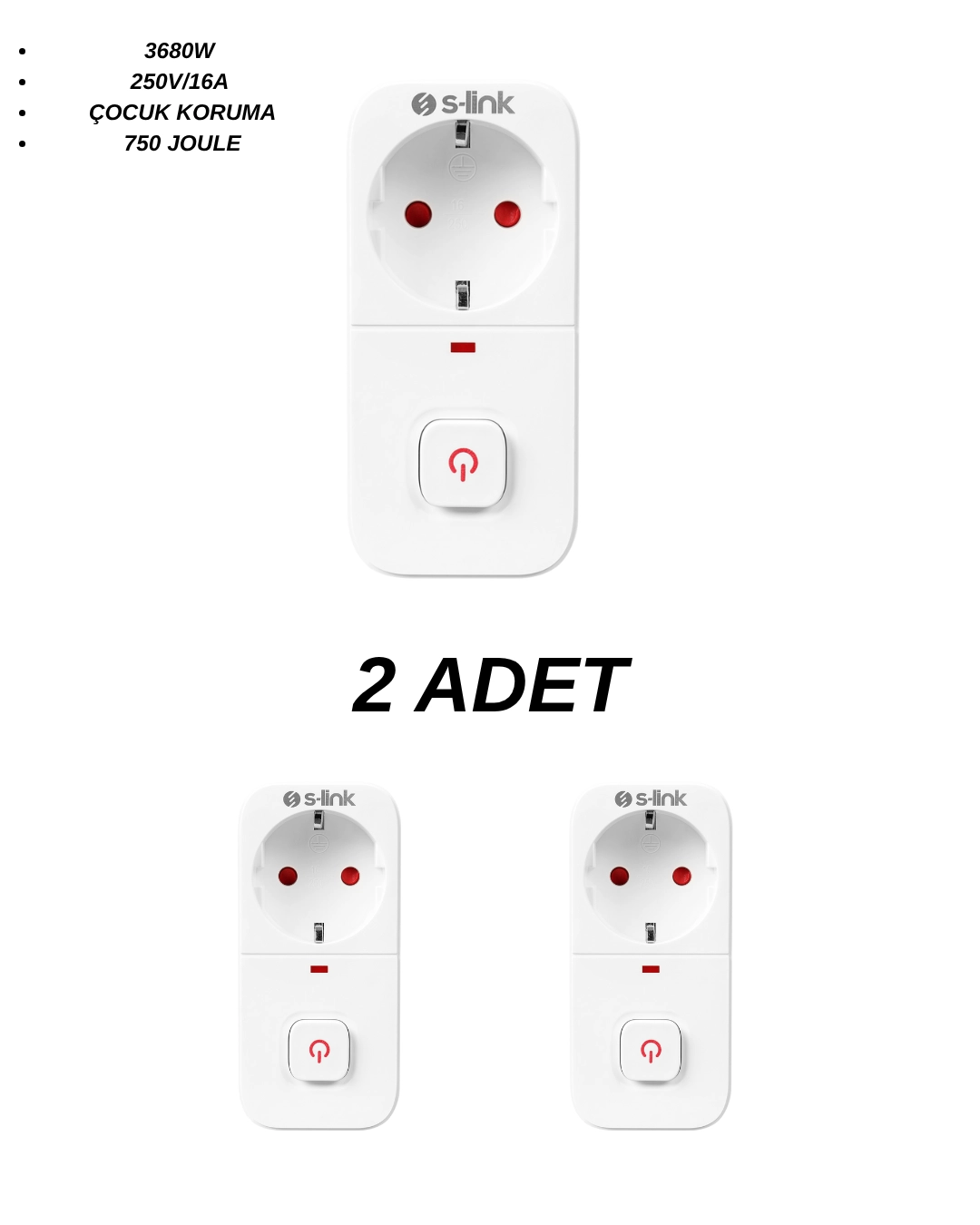 S-Link SL-010 Anahtarlı Akım Korumalı Tekli Priz 16A/250V 750 Joule - 2’li Paket