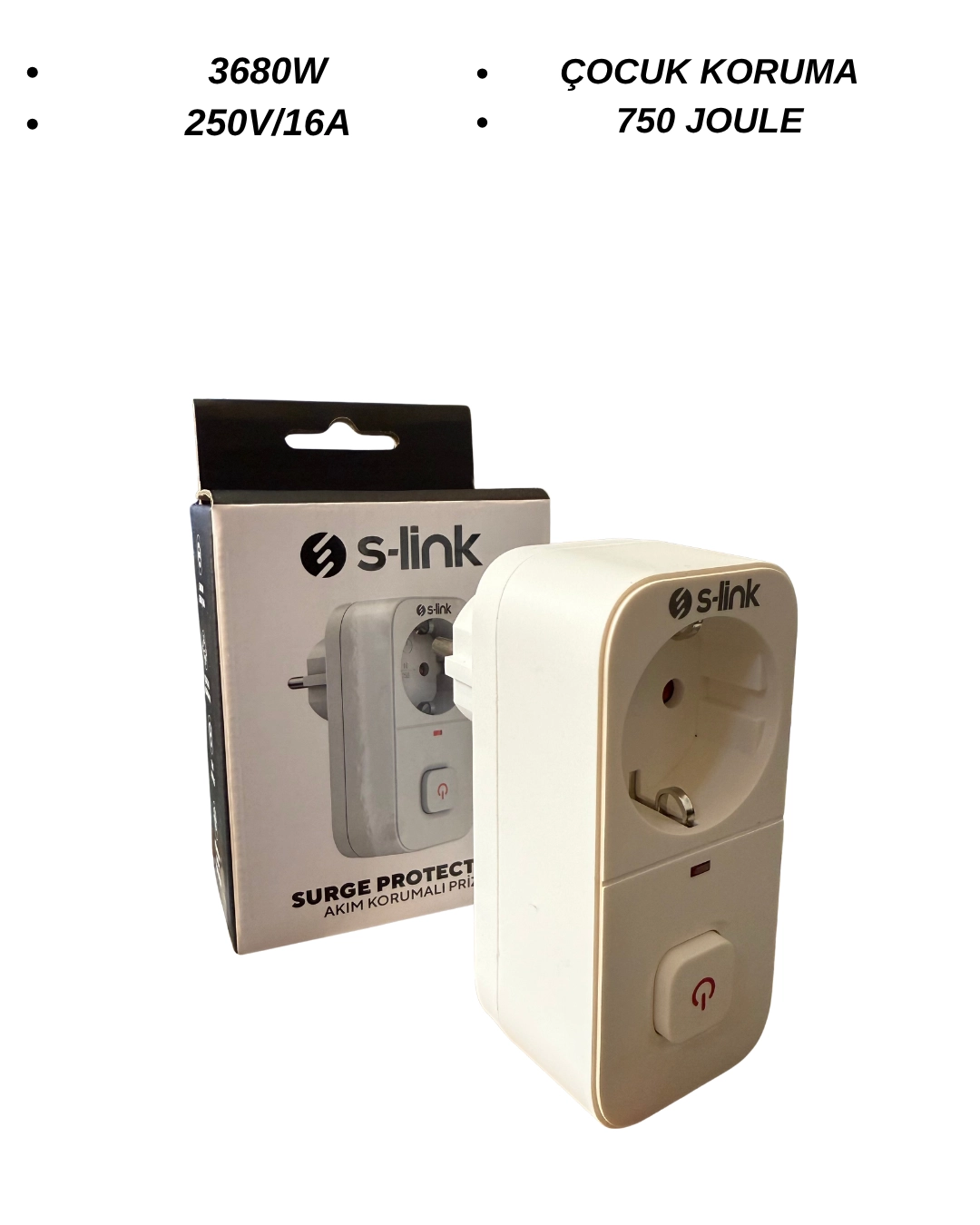 S-Link SL-010 Anahtarlı Akım Korumalı Tekli Priz 16A/250V 750 Joule 