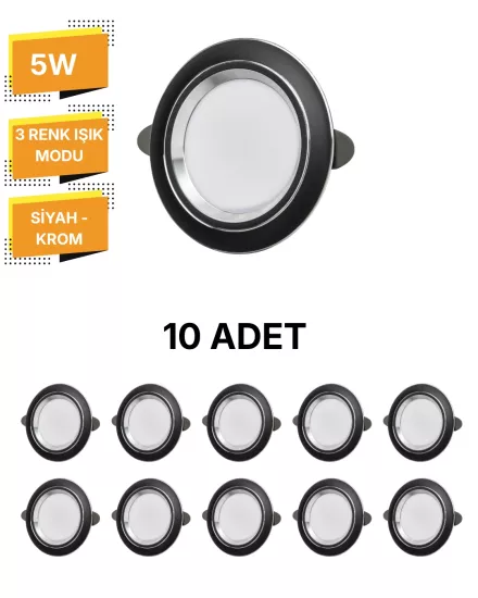  K2 KDL110 Siyah-Krom Kasa Üç Fonksiyonlu Spot 5W -10’lu Paket