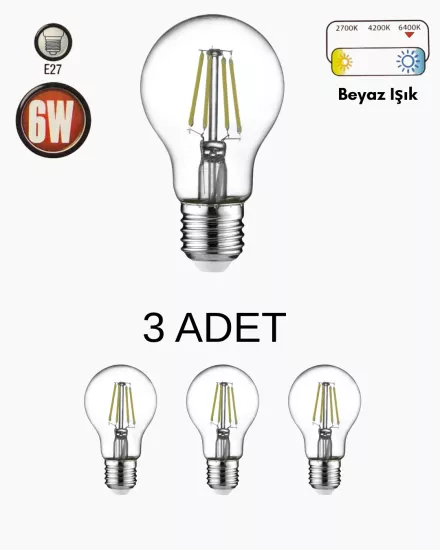 Horoz 001-015-0006 Led Filament Ampul 6W Beyaz Işık - 3’lü Paket 