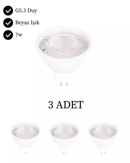K2 KES049B Led Ampul 7W GU5.3 Duy Beyaz Işık - 3’lü Paket 
