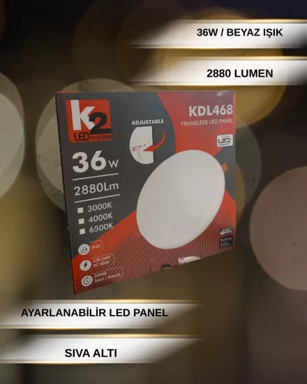 K2 KDL468 Çerçevesiz Ayarlanabilir Led Panel 36W Beyaz Işık 
