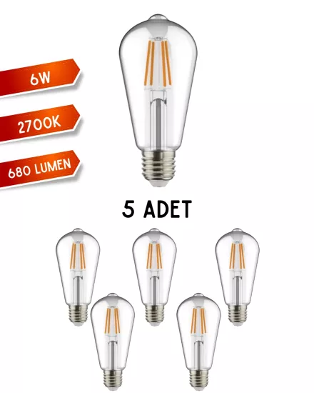 K2 KES505 Led Filament Ampul 6W E27 Duy Günışığı - 5’li Paket