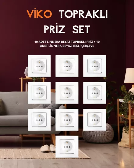 Viko Linnera Beyaz Priz Set ( 10 Adet Topraklı Priz + 10 Adet Tekli Çerçeve)