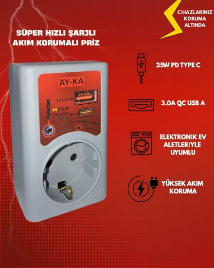 AY-KA Süper Hızlı Şarjlı Akım Korumalı Tekli Priz 