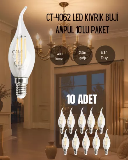 Cata CT-4062 Led Kıvrık Buji Ampul 4W Günışığı - 10’lu Paket 