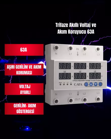 Cata CT-9199 Trifaze Akıllı Voltaj ve Akım Koruyucu 63A