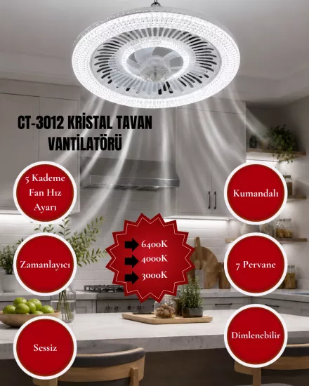 Cata CT-3012 Kristal Led Tavan Vantilatörü 