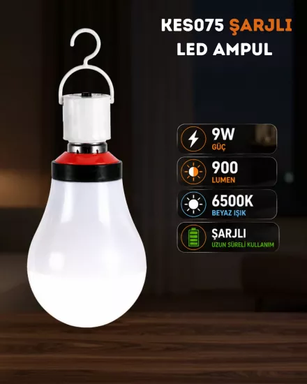 K2 KES075 Şarjlı Led Ampul 9W Beyaz Işık 