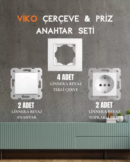 VİKO Linnera Beyaz Seti ( 4 Adet Tekli Çerçeve + 2 Adet Topraklı Priz + 2 Adet Anahtar )