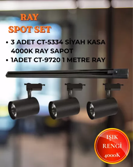 Cata Babil Ray Spot Set | 3 Adet CT-5334 Siyah Kasa 4000K Spot + 1 adet CT-9720 Ray