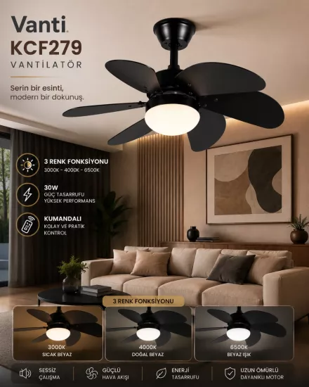 Vanti KCF279K Avizeli Vantilatör Siyah Ahşap 60W Kumandalı 