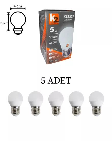 K2 KES207 Led Ampul 5W Beyaz Işık E27 Duy - 5’li Paket 