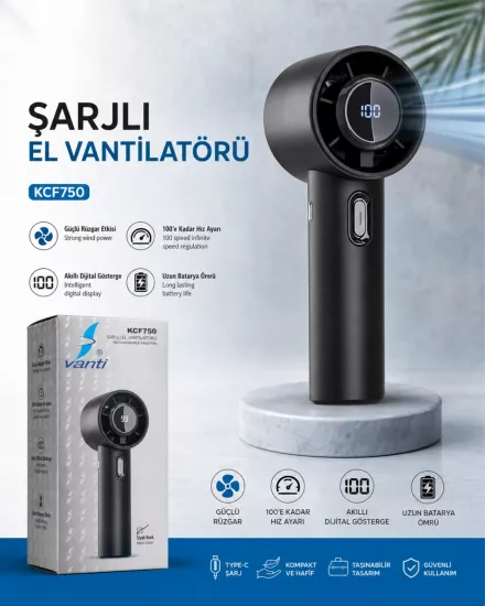 Vanti KCF750 Şarjlı El Vantilatörü Siyah 
