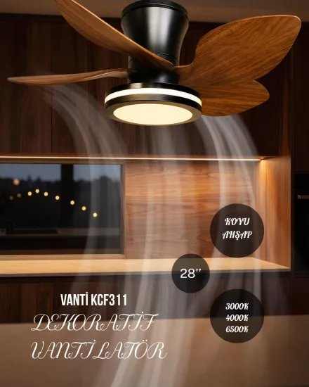 K2 KCF311 Dekoratif Tavan Vantilatör Koyu Ahşap 30 Watt 28’’ 