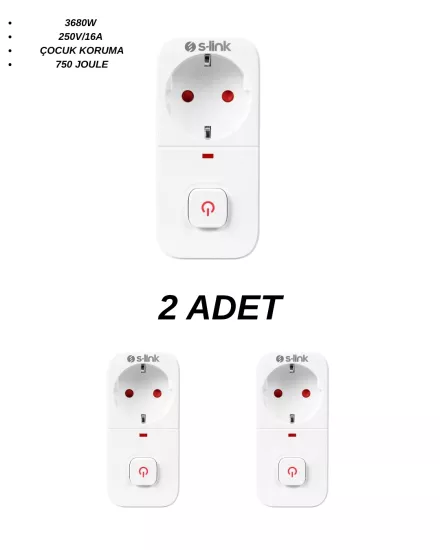 S-Link SL-010 Anahtarlı Akım Korumalı Tekli Priz 16A/250V 750 Joule - 2’li Paket 