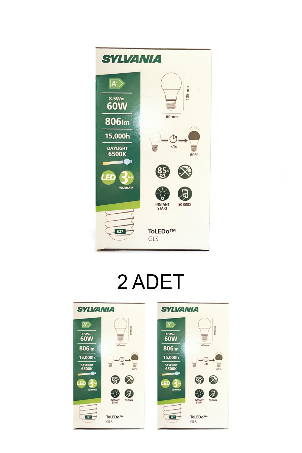 SYLVANIA-8.5W Led Ampul Beyaz Işık E27 Duy -  2’li Paket